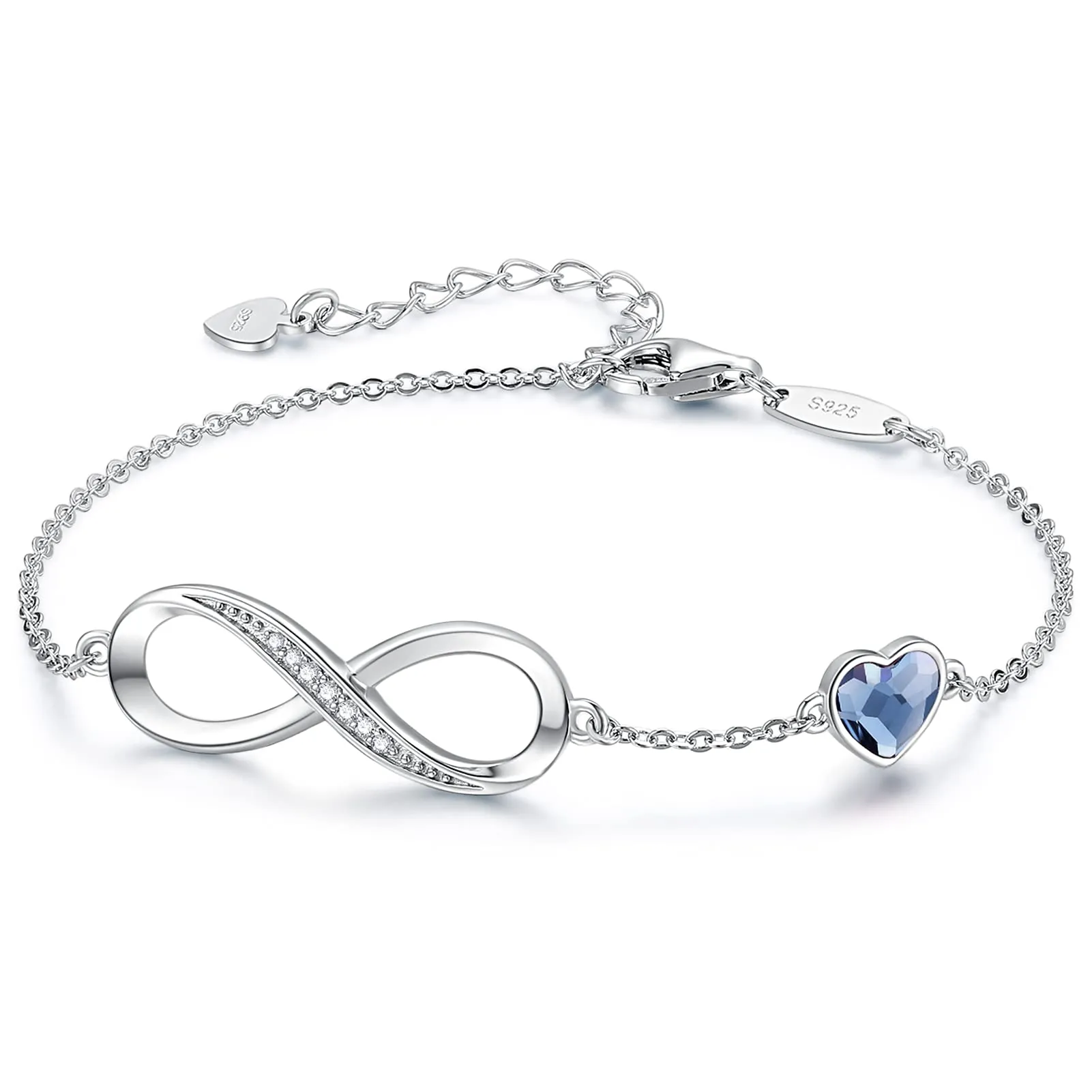 CDE Infinity Heart Symbol Charm Link Bracelet for Women 925 Sterling Silver Stainless Steel Adjustable Mother's Day Gift Anniversary Jewelry Christmas Birthday Gifts for Women Wife Girlfriend Her (Sliver-Blue, Sterling Silver)