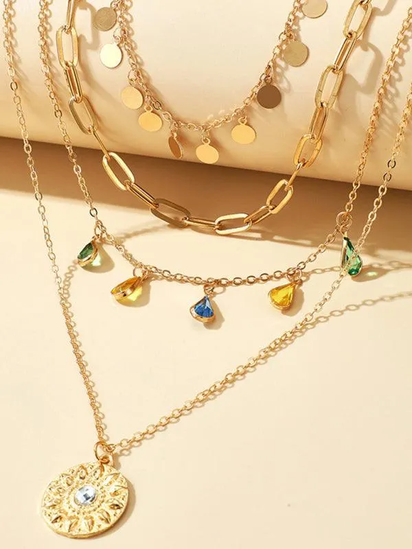 Chic Layered Necklace with Rhinestone Tassel and Geometric Discs