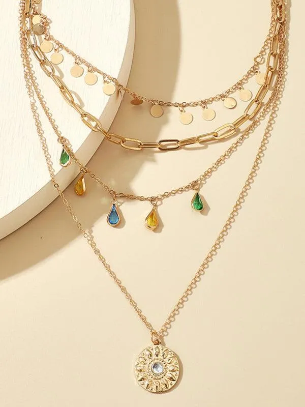 Chic Layered Necklace with Rhinestone Tassel and Geometric Discs