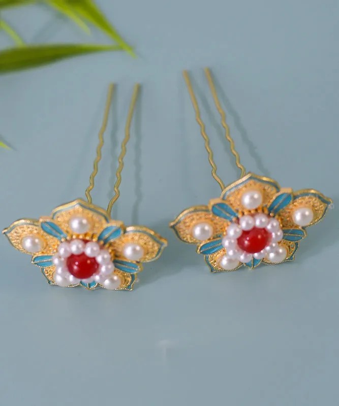 Chinese Style Colorblock Sterling Silver Overgild Pearl Enamel Floral Hairpin WI042