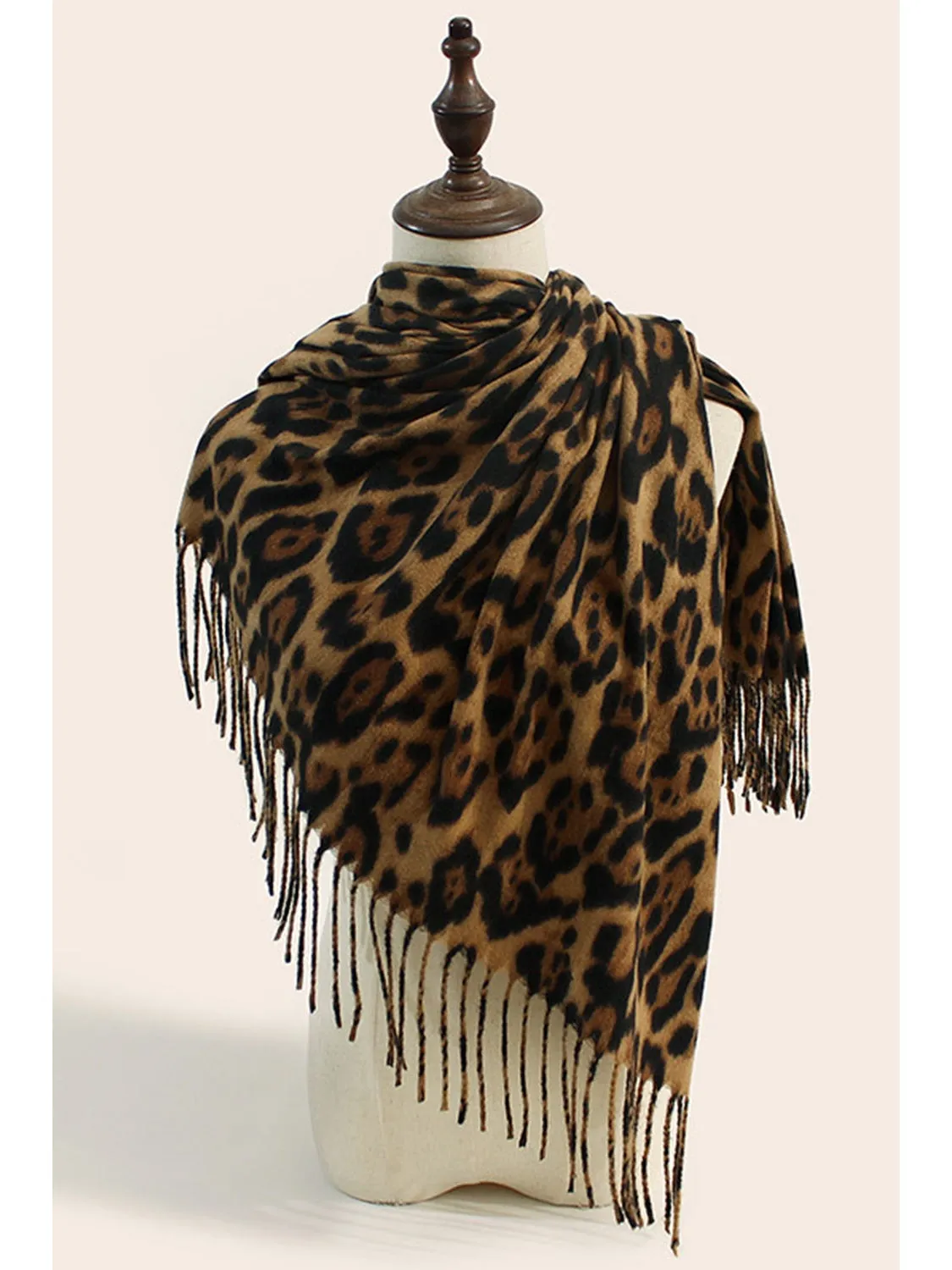 Coffee Leopard Print Fringe Warm Large Scarf