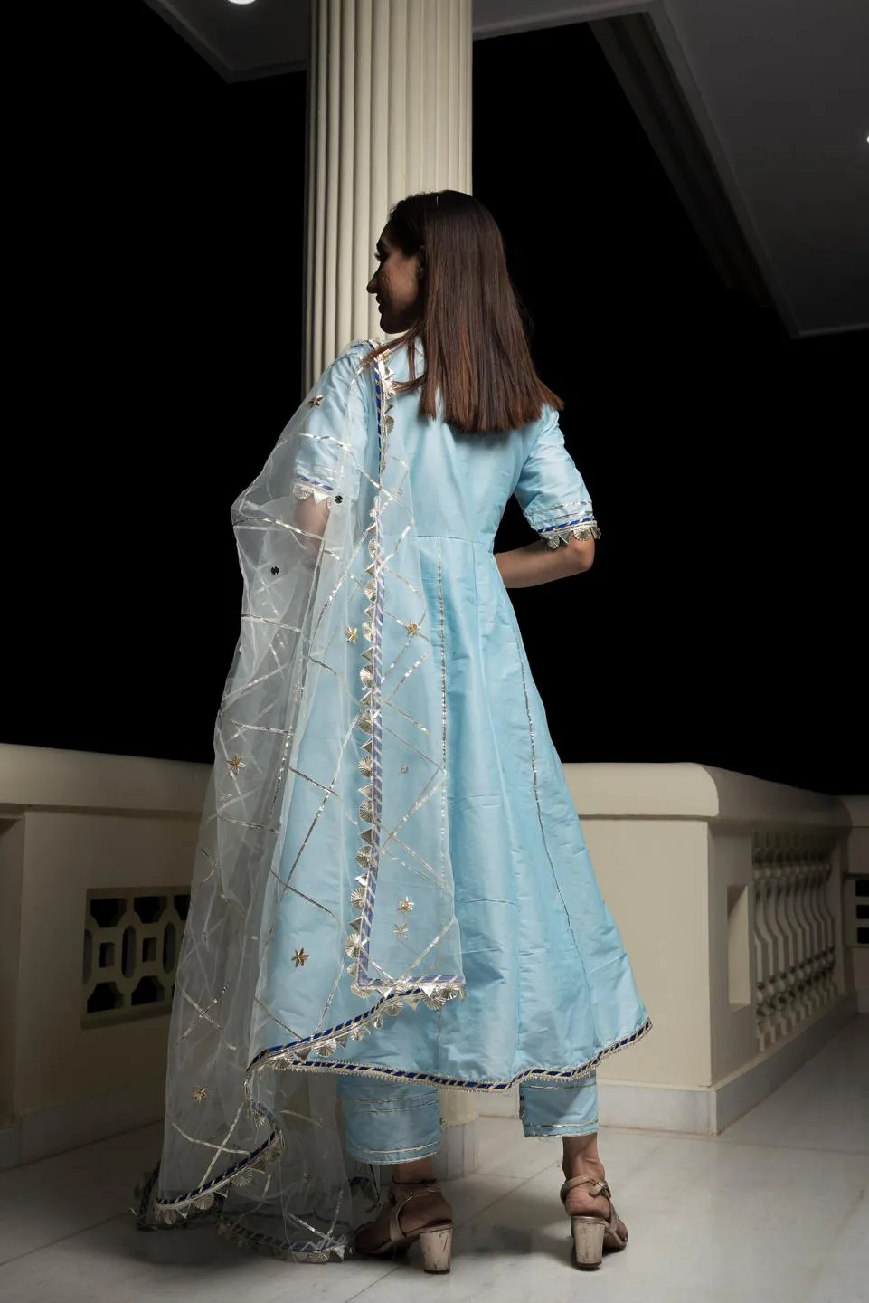Cotton Silk Blue Anarkali With Gotta Jaal Work