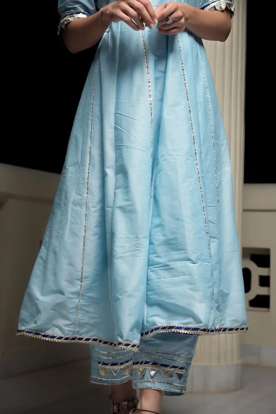 Cotton Silk Blue Anarkali With Gotta Jaal Work