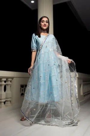 Cotton Silk Blue Anarkali With Gotta Jaal Work