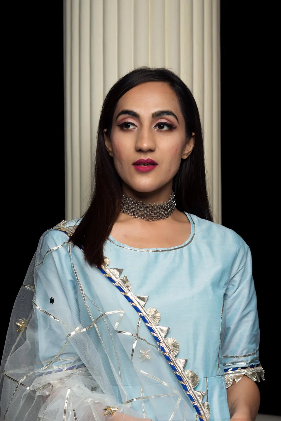 Cotton Silk Blue Anarkali With Gotta Jaal Work