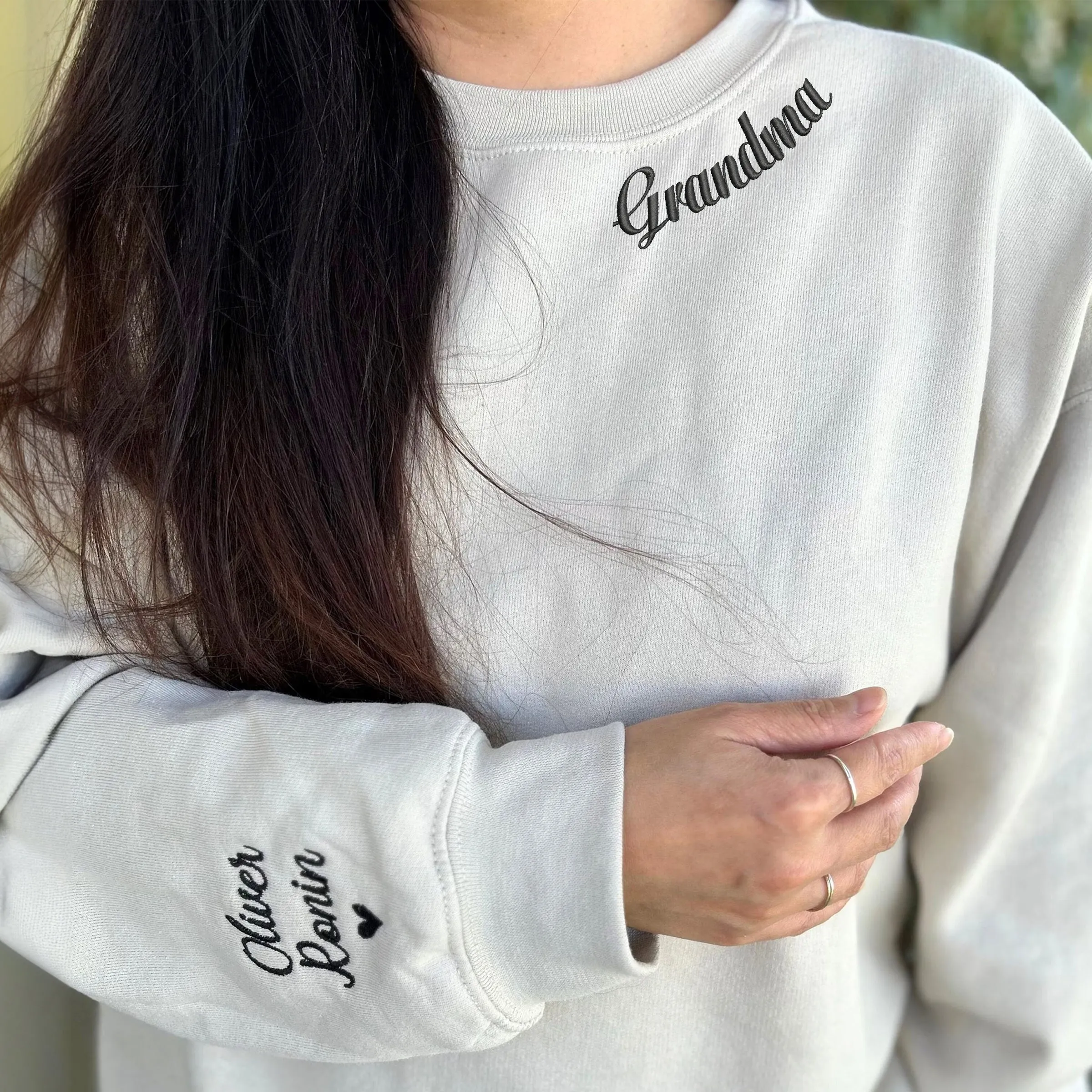 Custom Embroidered Gram Sweatshirt with GrandKids Names on Sleeve