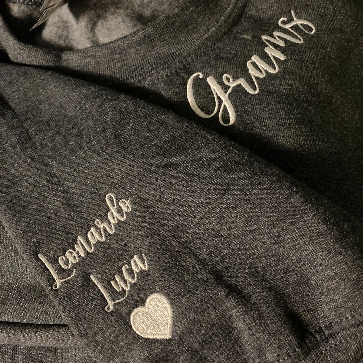 Custom Embroidered Gram Sweatshirt with GrandKids Names on Sleeve