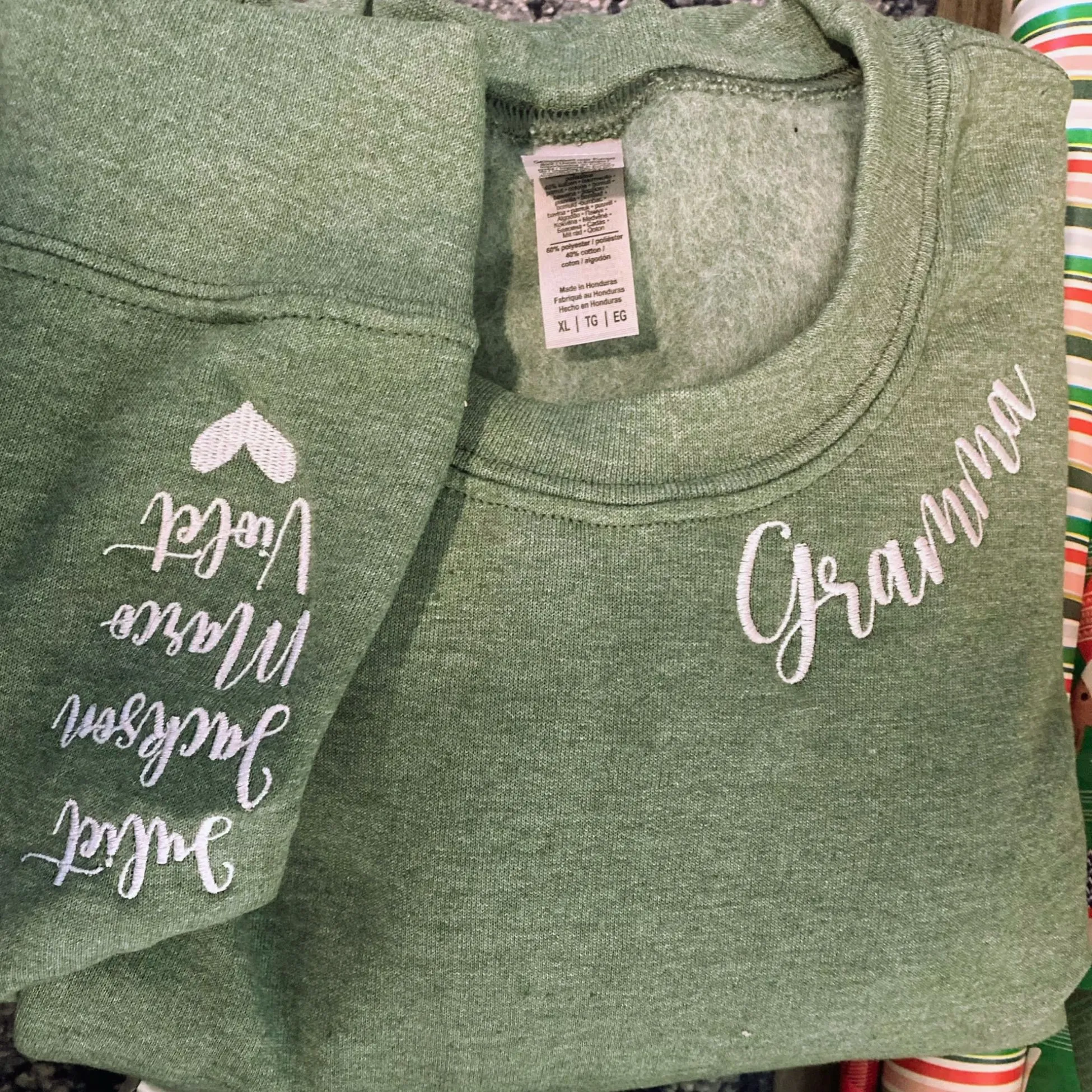 Custom Embroidered Gram Sweatshirt with GrandKids Names on Sleeve