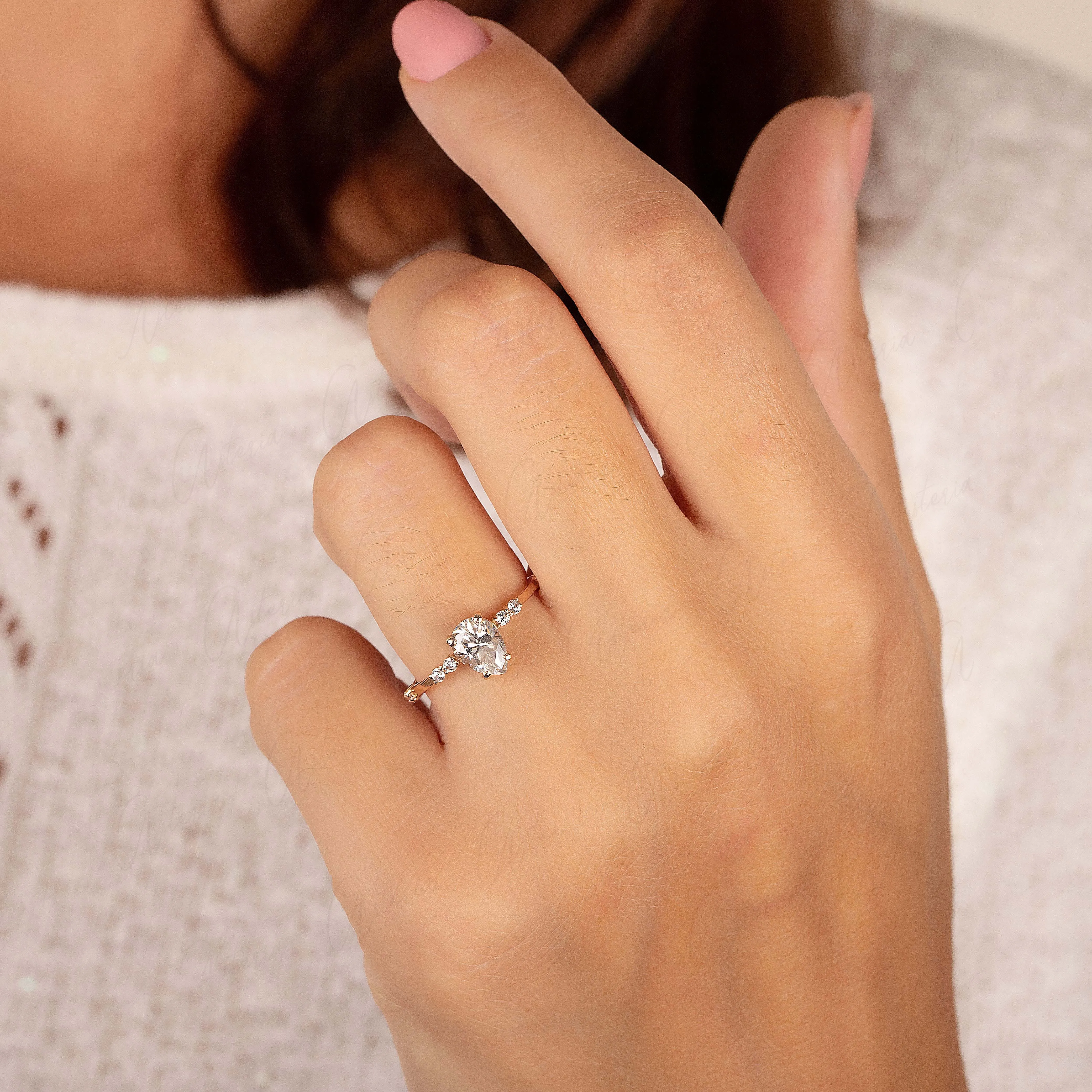 Dainty & elegant 14k rose gold pear moissanite promise ring for her