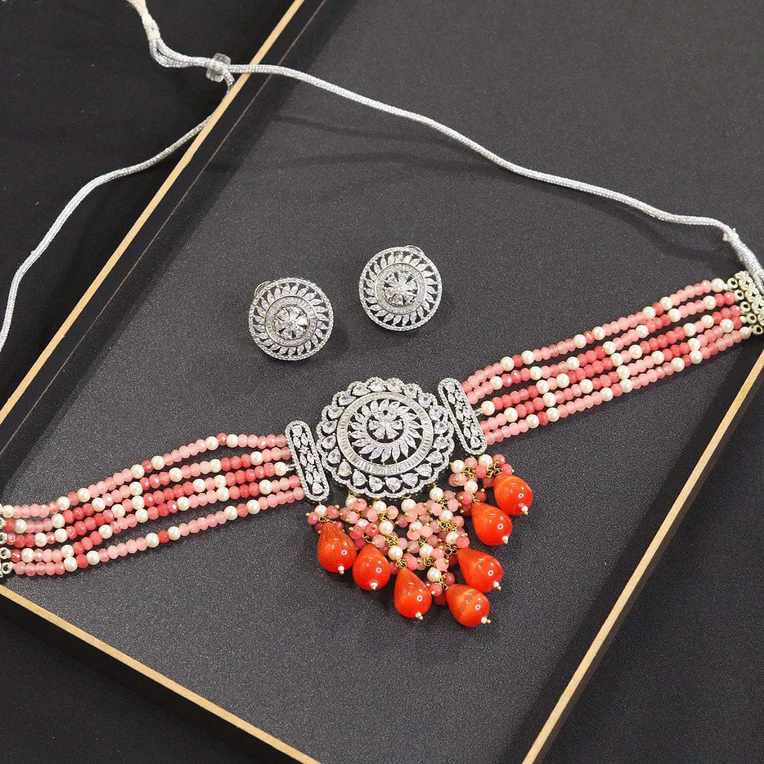 Elegant Exquisite AD Choker  Necklace Earrings Set with CZ Stones for Bridal and Wedding Engagements  Elevate Your Special Day with Timeless Elegance