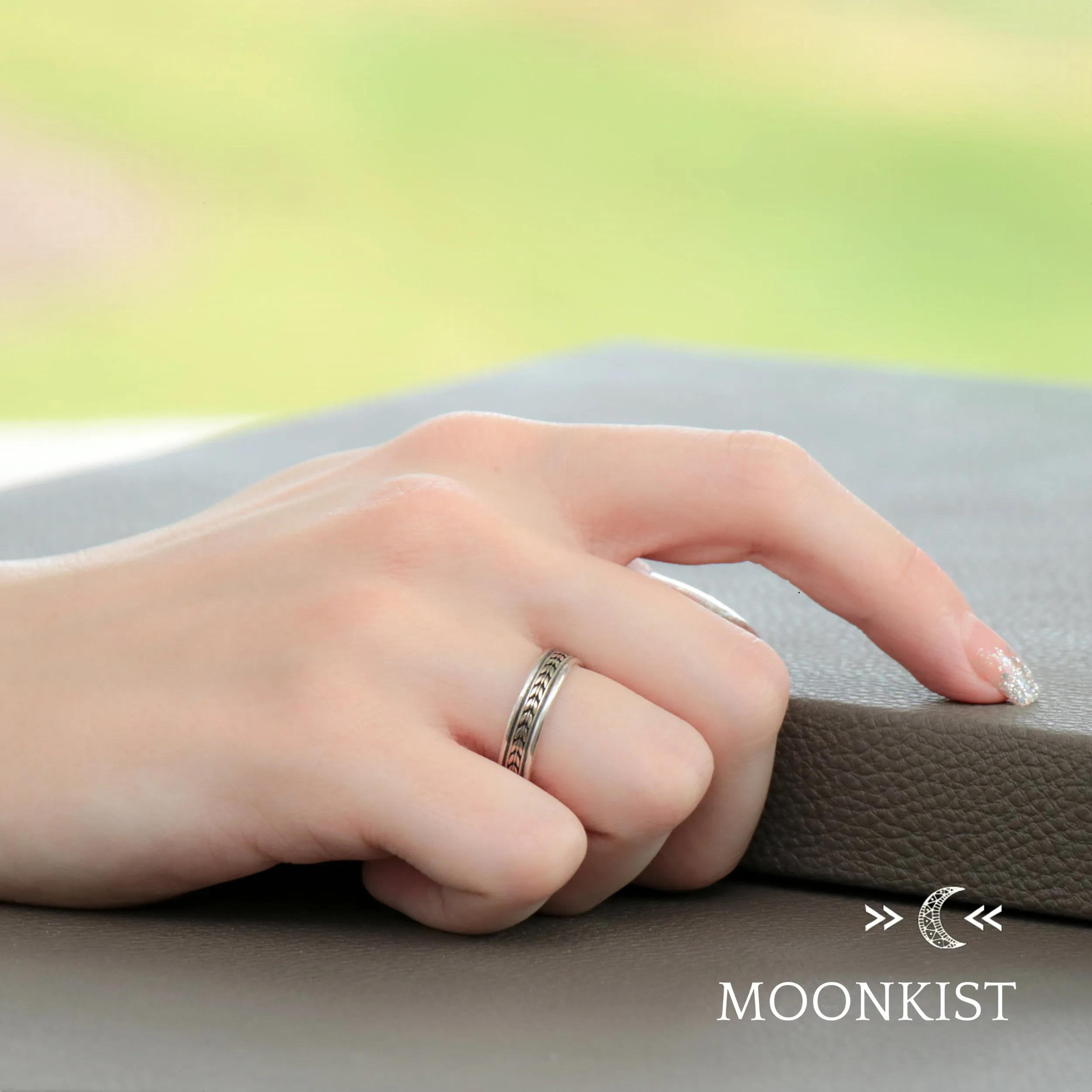 Engraved Sterling Silver Geometric Mens Wedding Band | Moonkist Designs