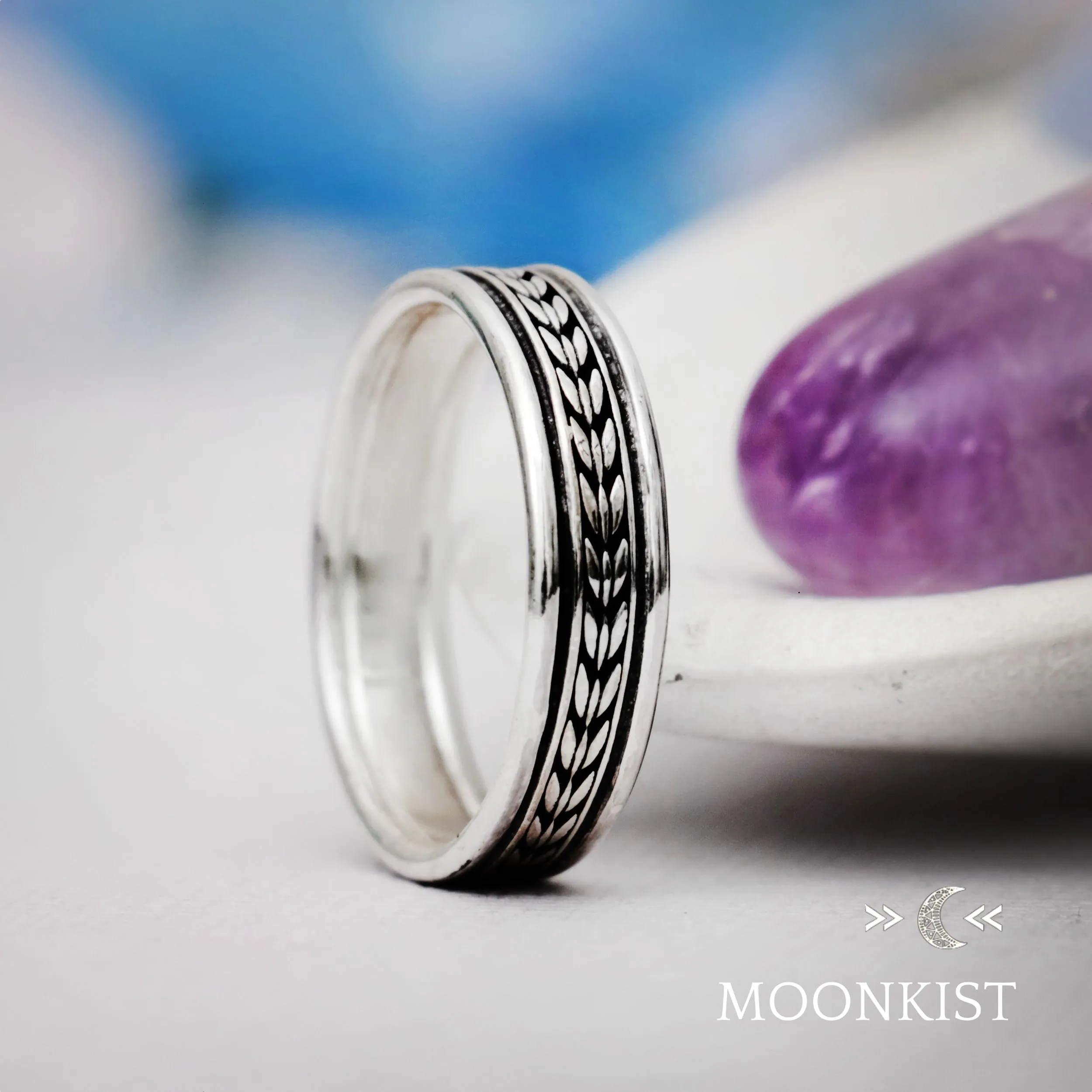 Engraved Sterling Silver Geometric Mens Wedding Band | Moonkist Designs