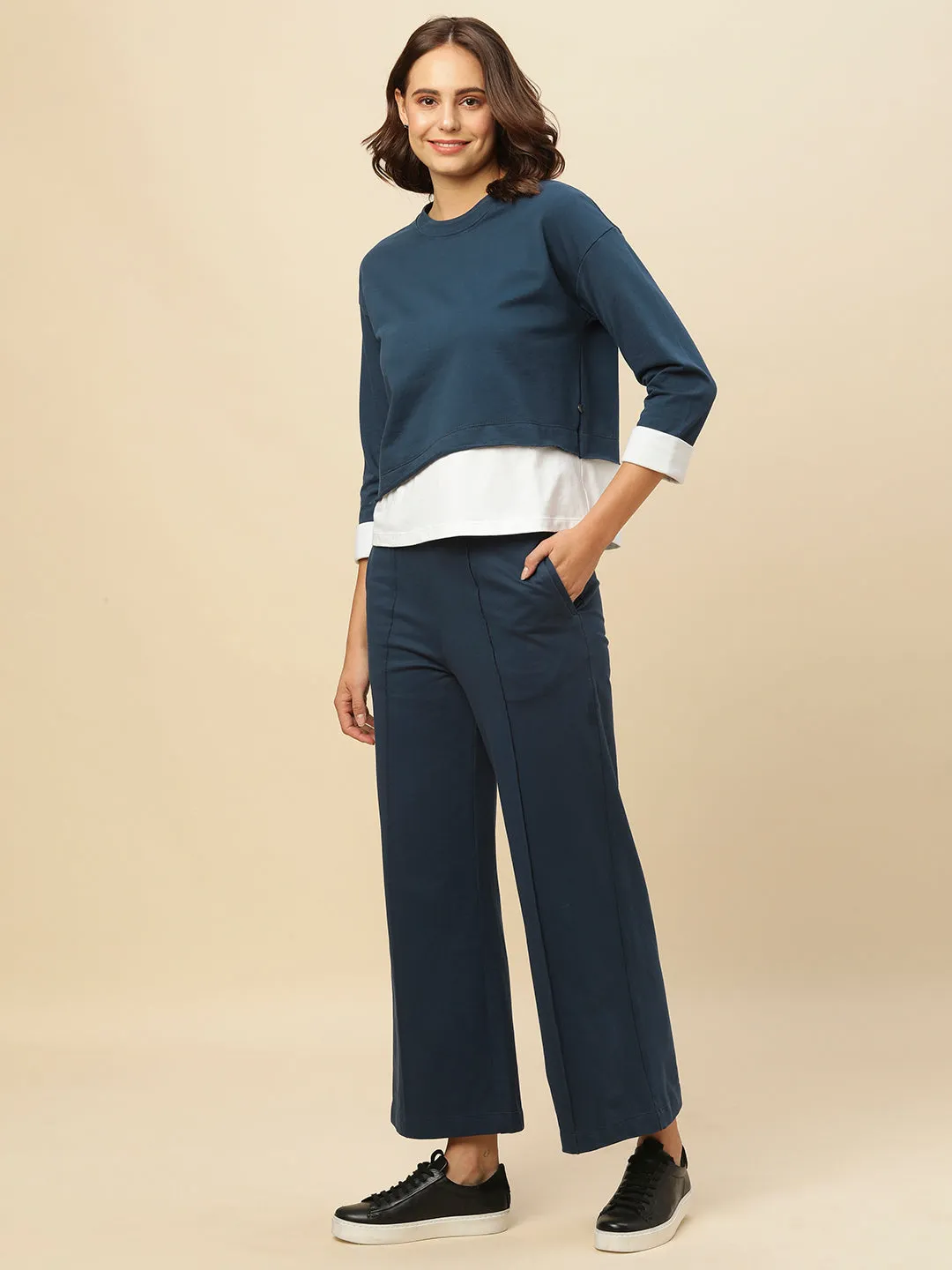 French Terry Faux Layered Drop Shoulder Sweatshirt & Wide Leg Co-Ord Set