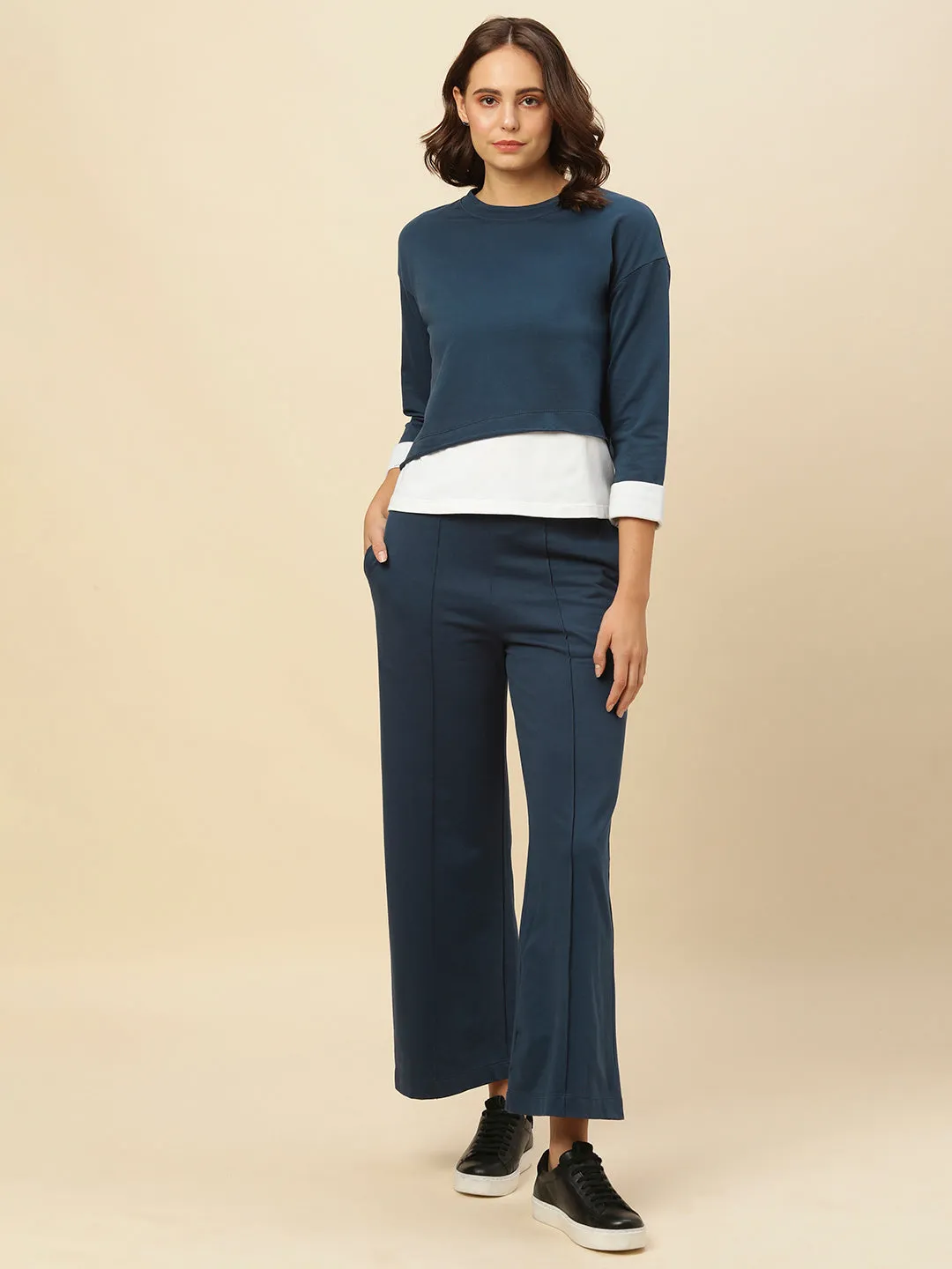 French Terry Faux Layered Drop Shoulder Sweatshirt & Wide Leg Co-Ord Set