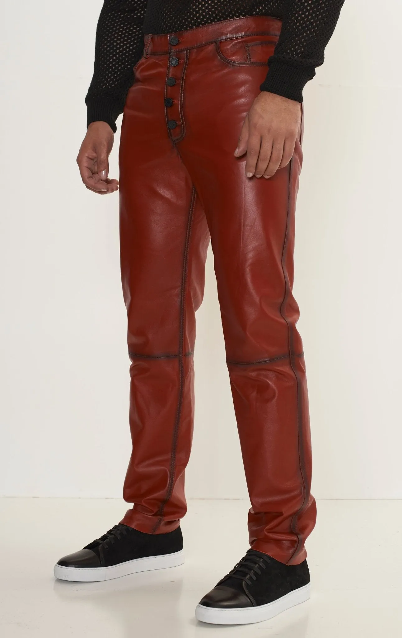 Genuine Lambskin Button Detail Leather Pants - Red tint