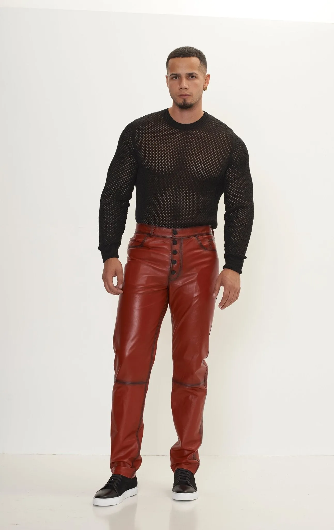 Genuine Lambskin Button Detail Leather Pants - Red tint