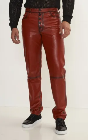 Genuine Lambskin Button Detail Leather Pants - Red tint