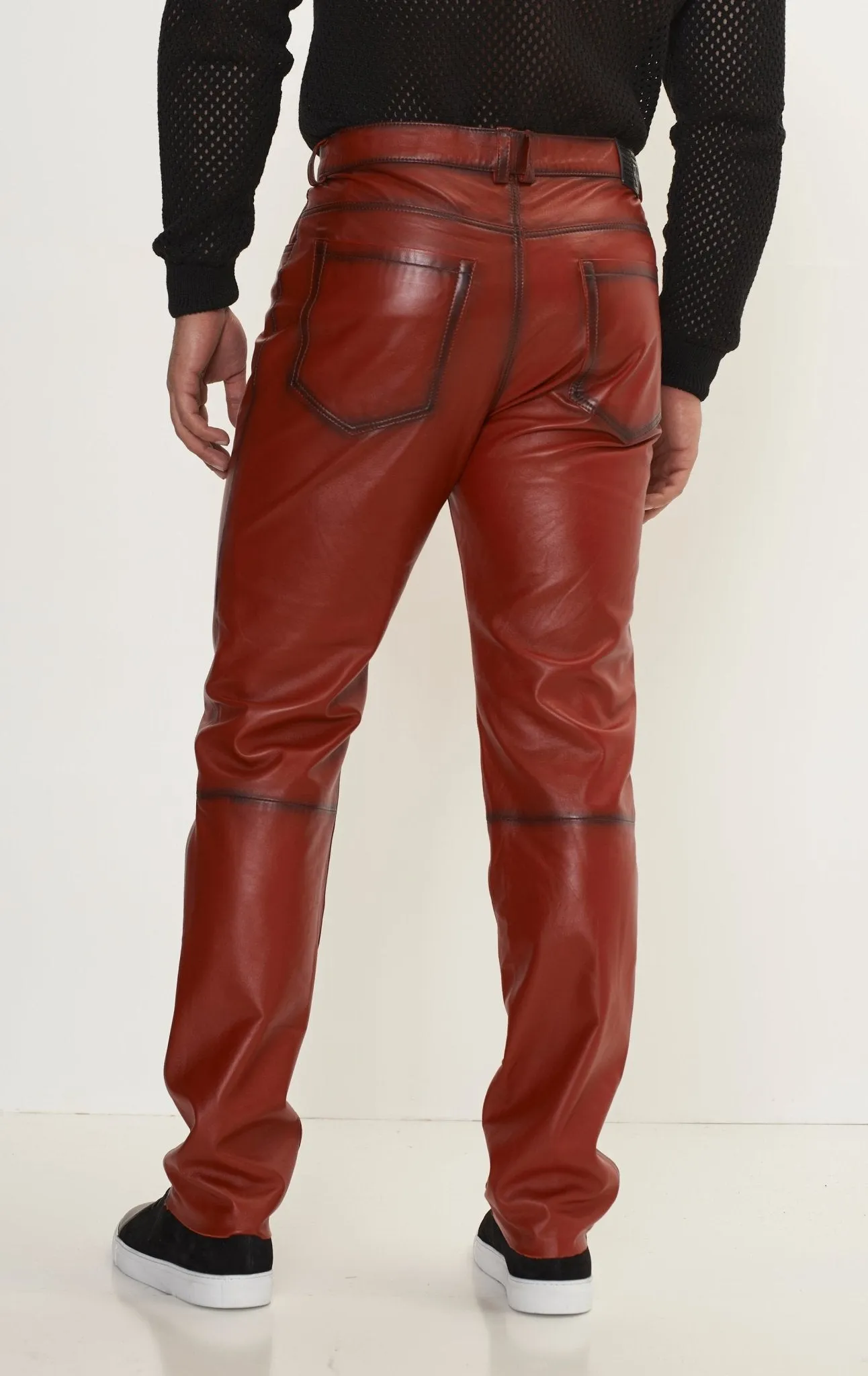 Genuine Lambskin Button Detail Leather Pants - Red tint