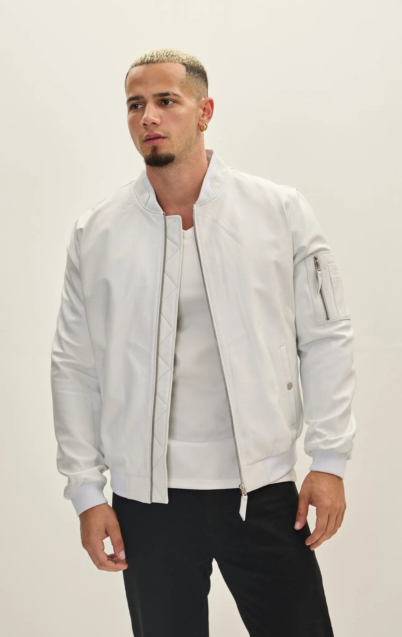 Genuine Leather Bomber Jacket - White