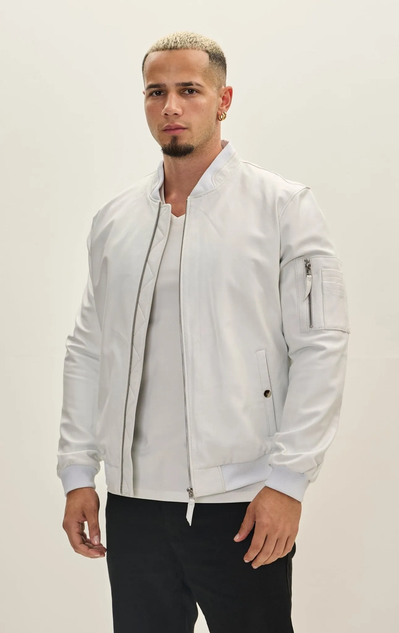 Genuine Leather Bomber Jacket - White