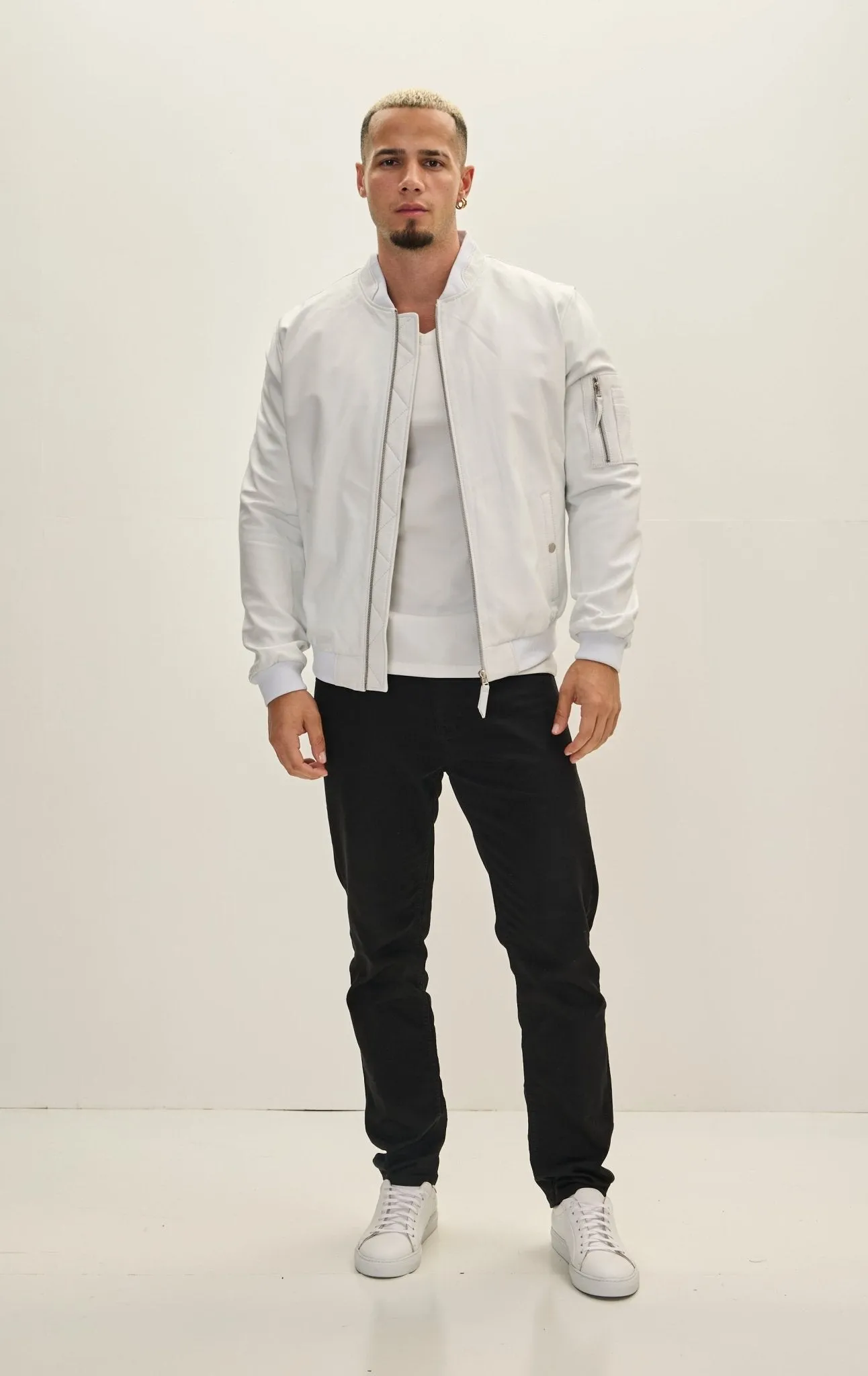 Genuine Leather Bomber Jacket - White