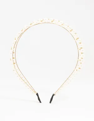 Gold Double Layered Pearl & Flower Headband