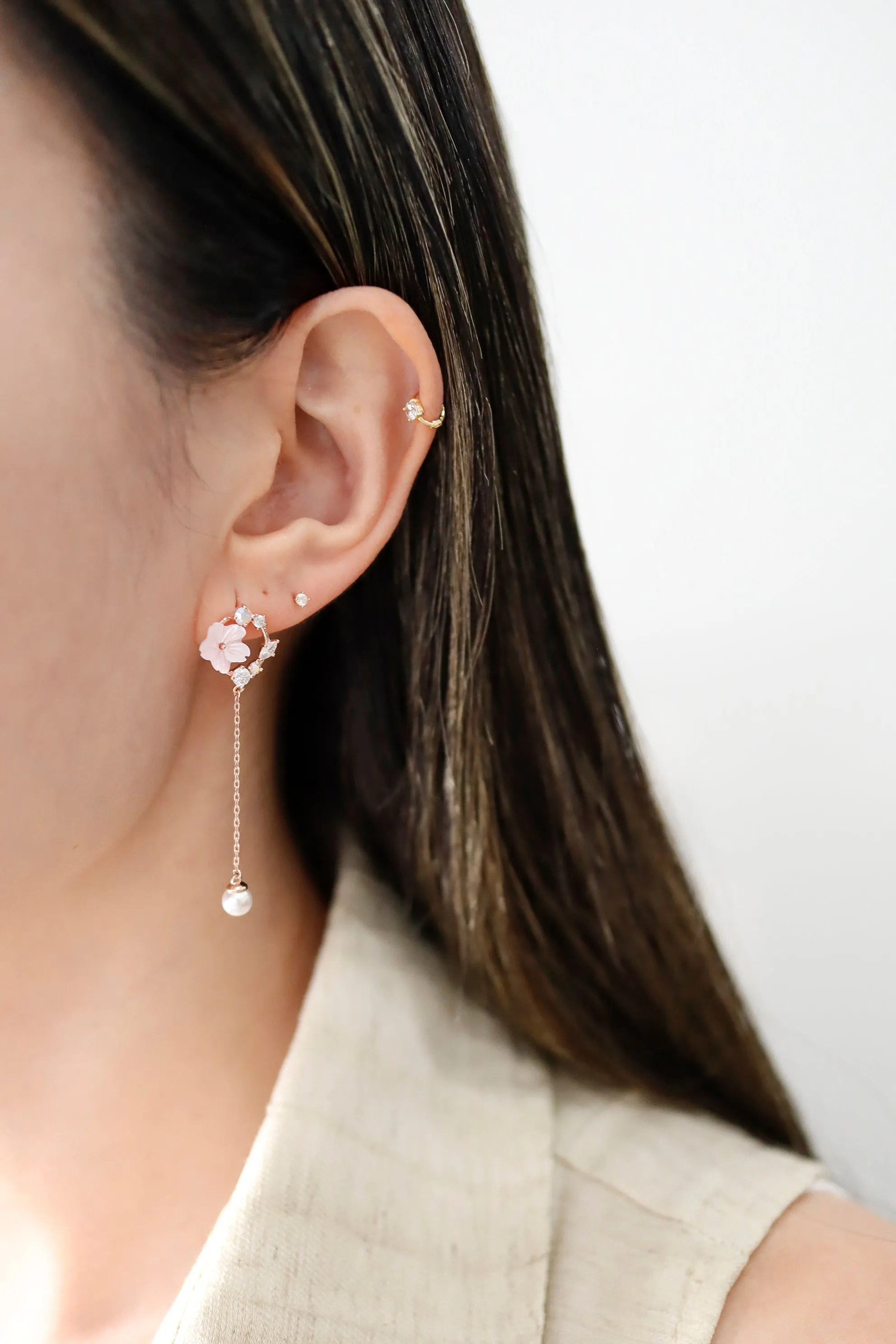 Gold Plated Mother Of Pearl Flower Dangle Silver Stud Earring