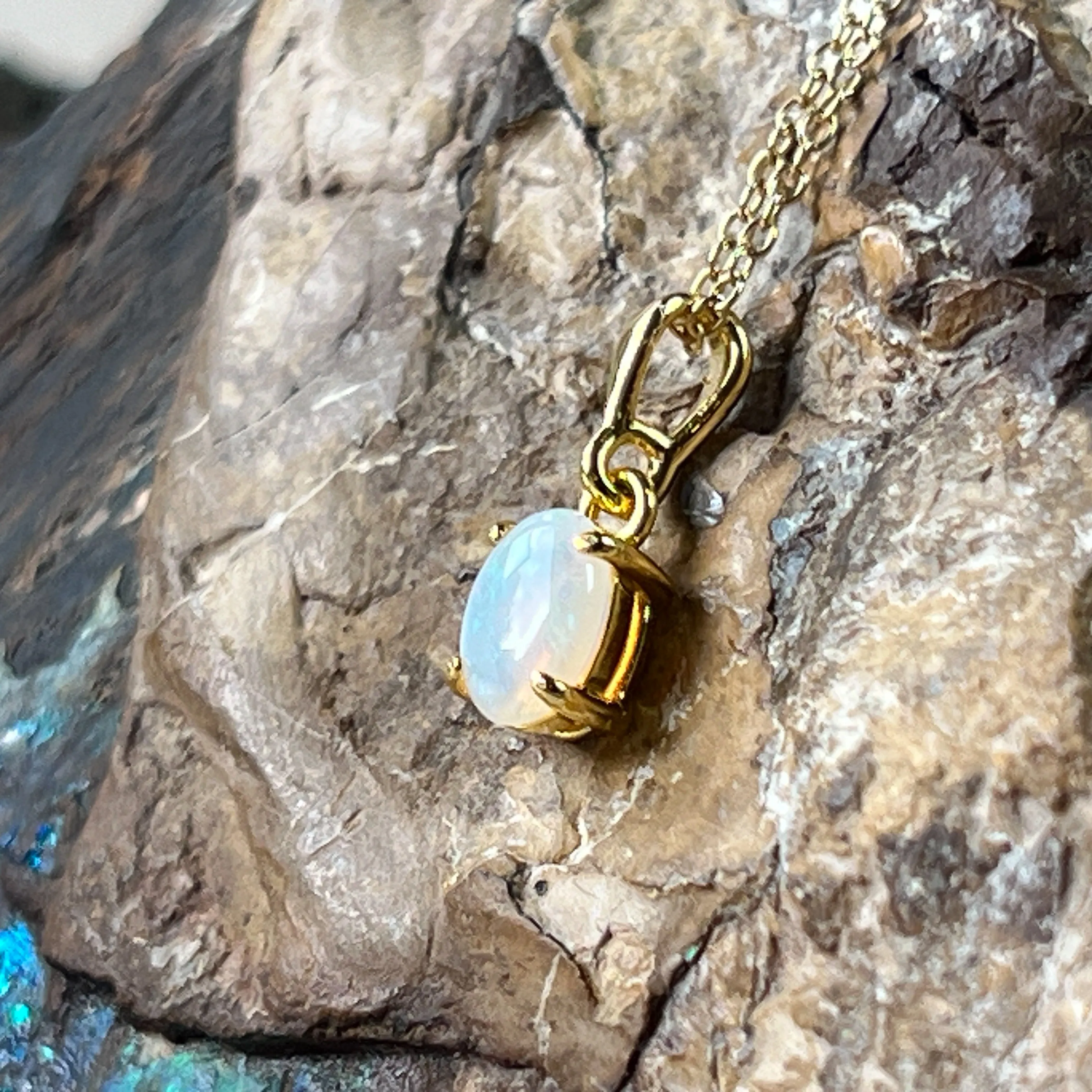 Gold Plated Sterling Silver Pendant - 7x5mm White Opal, Dainty Minimalist Necklace, Perfect Birthstone Gift for Her, Women's Crystal Necklace