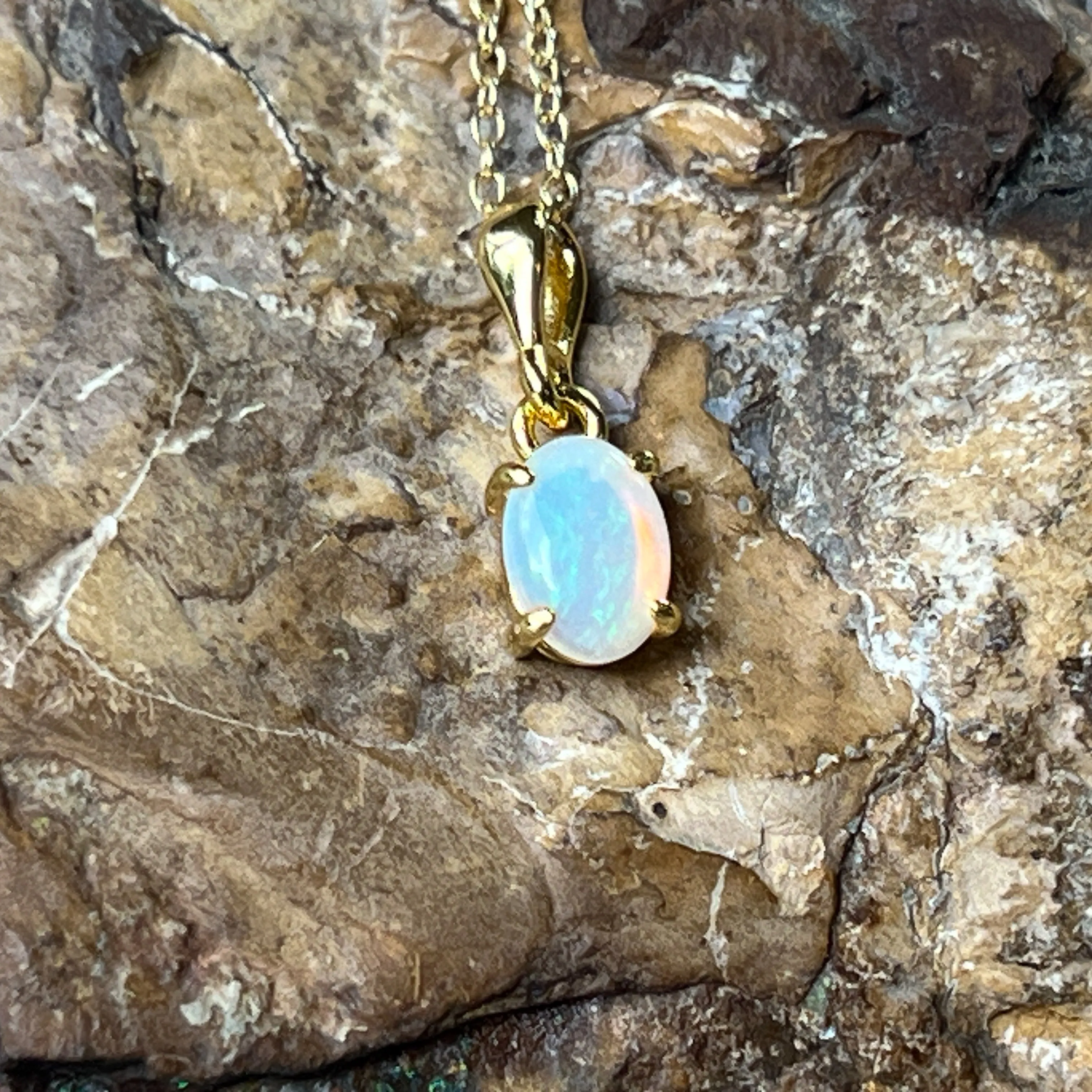 Gold Plated Sterling Silver Pendant - 7x5mm White Opal, Dainty Minimalist Necklace, Perfect Birthstone Gift for Her, Women's Crystal Necklace
