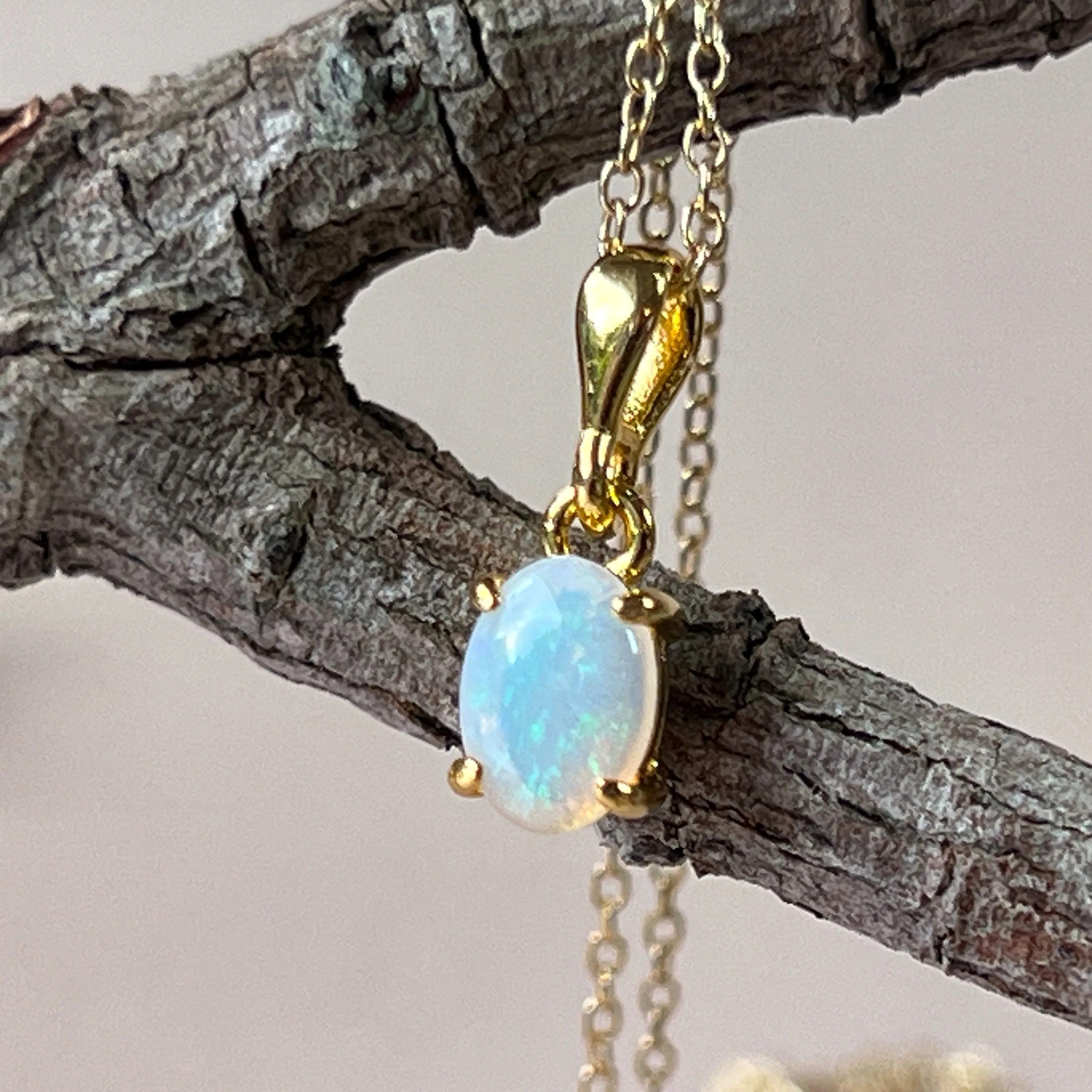 Gold Plated Sterling Silver Pendant - 7x5mm White Opal, Dainty Minimalist Necklace, Perfect Birthstone Gift for Her, Women's Crystal Necklace