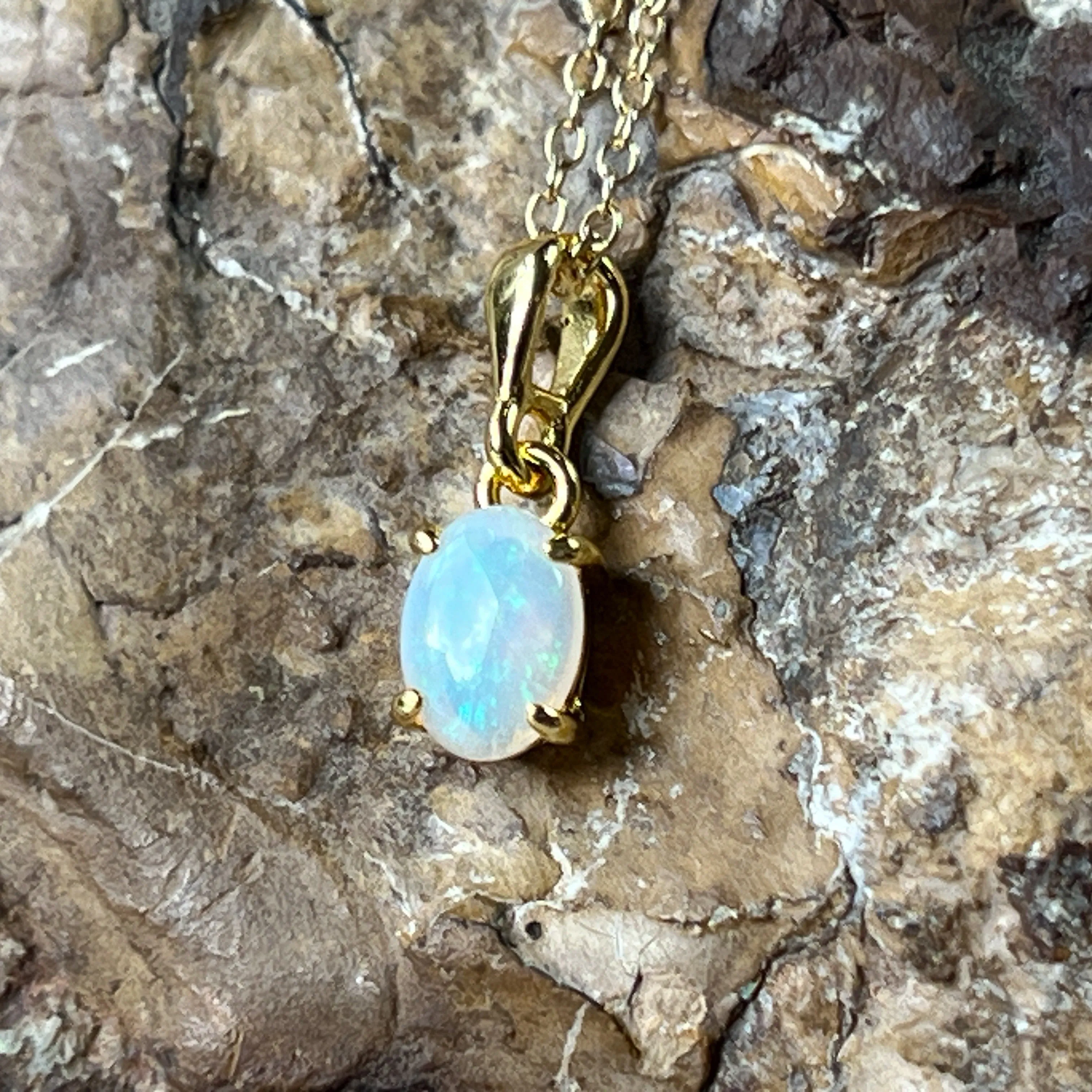 Gold Plated Sterling Silver Pendant - 7x5mm White Opal, Dainty Minimalist Necklace, Perfect Birthstone Gift for Her, Women's Crystal Necklace