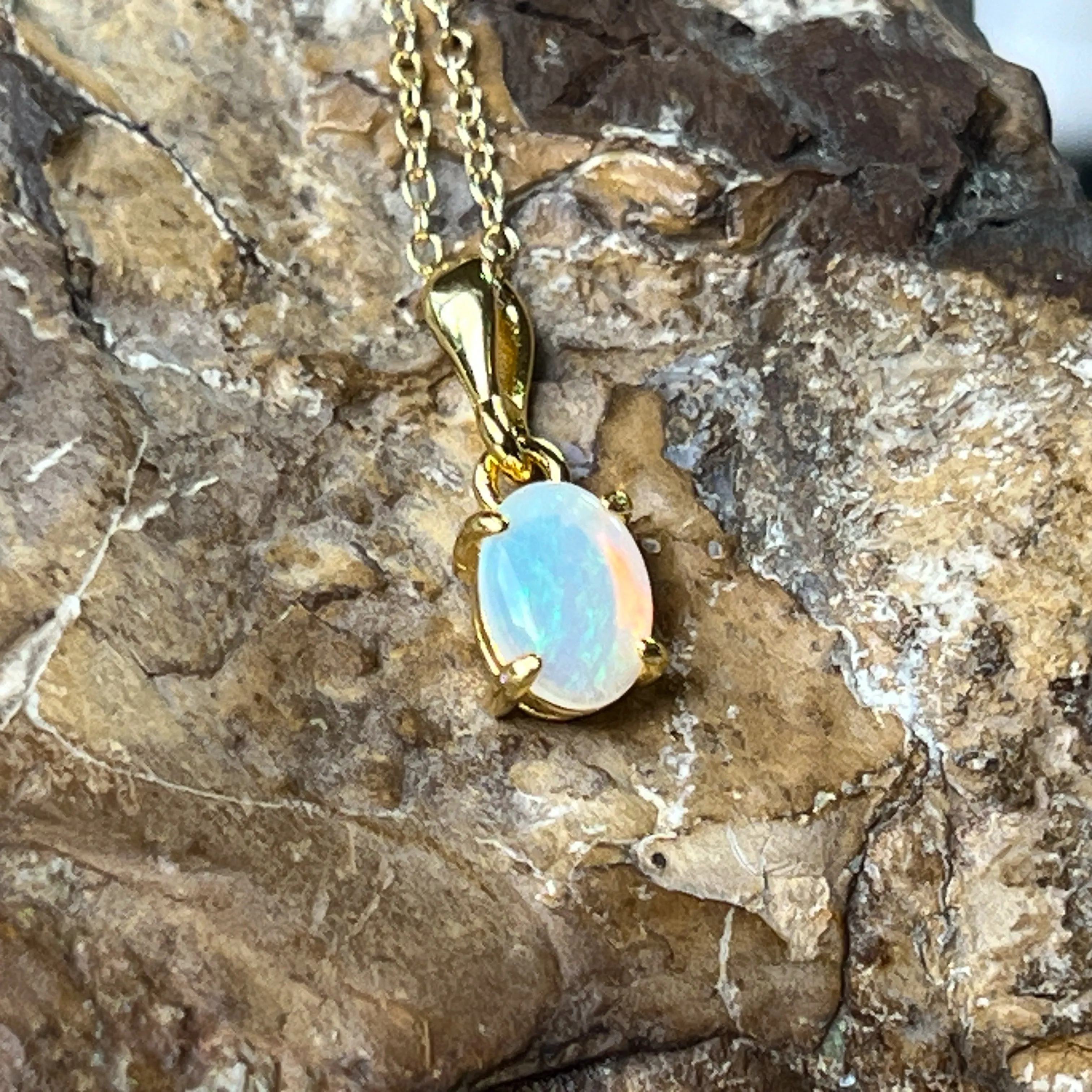 Gold Plated Sterling Silver Pendant - 7x5mm White Opal, Dainty Minimalist Necklace, Perfect Birthstone Gift for Her, Women's Crystal Necklace