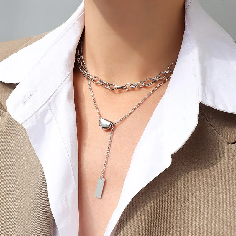 Golden Bean Tassel Necklace with Titanium Clavicle Pendant