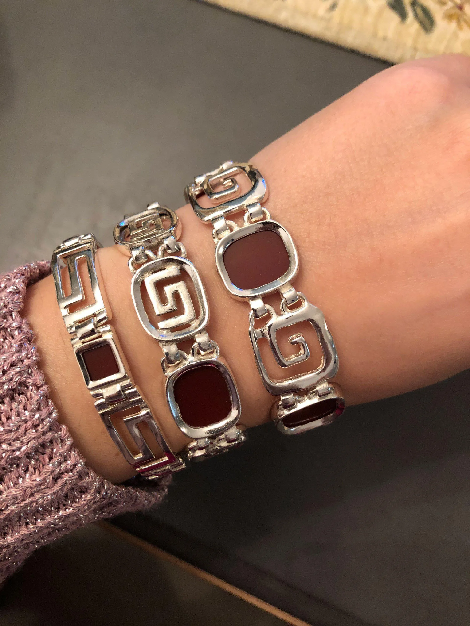 Greek Key Meander Bracelet in Sterling Silver with carnelian (B-65)