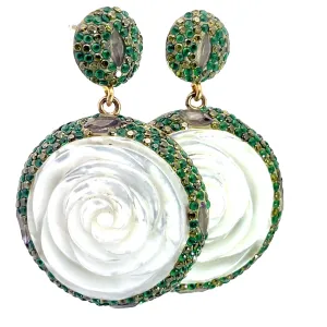 Green Crystal Mother Of Pearl Flower Dangle Sterling Silver Earrings