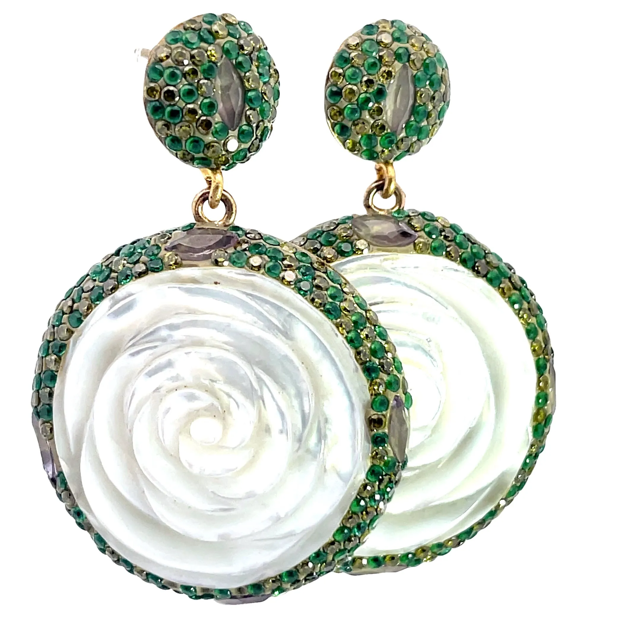 Green Crystal Mother Of Pearl Flower Dangle Sterling Silver Earrings