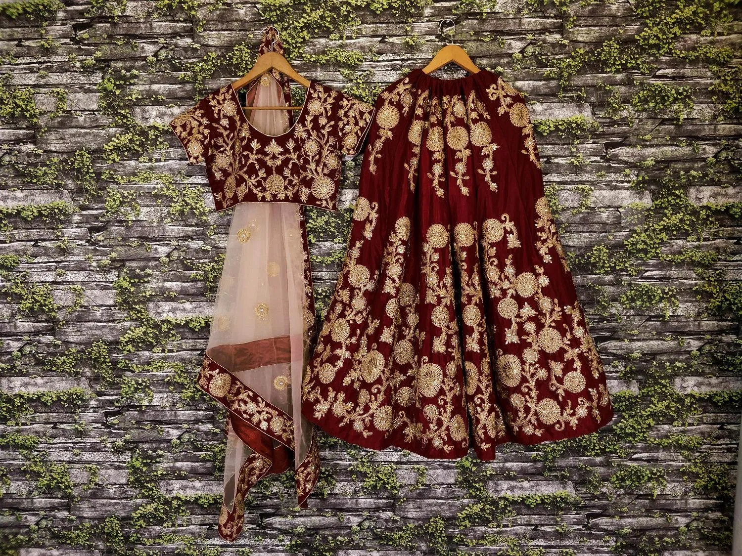 Gulkand Maroon Floral Motif Elegance Velvet Base Bridal Lehenga Choli