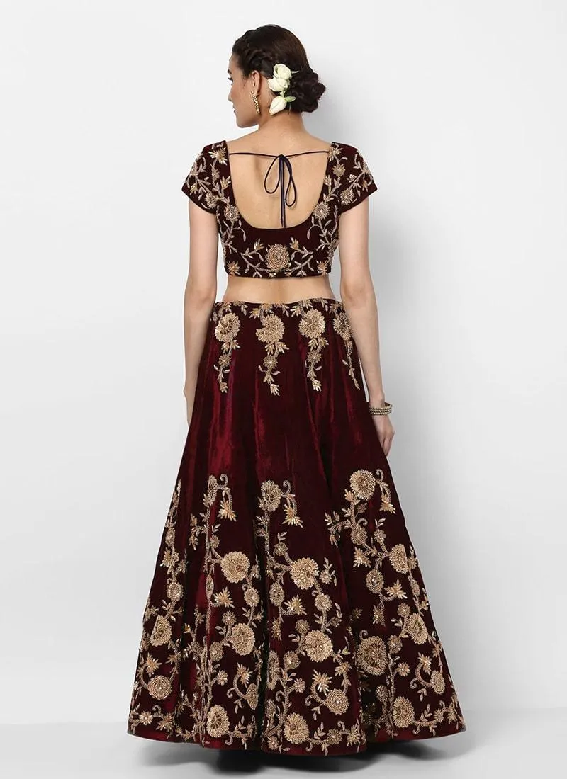 Gulkand Maroon Floral Motif Elegance Velvet Base Bridal Lehenga Choli