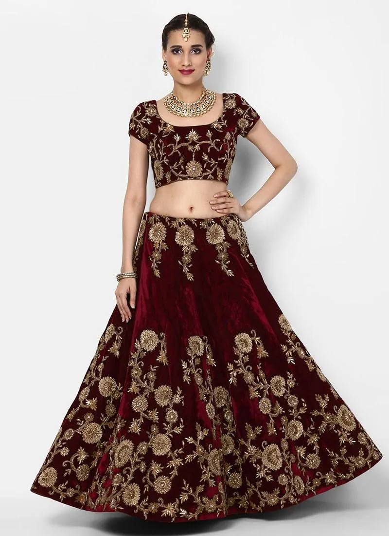 Gulkand Maroon Floral Motif Elegance Velvet Base Bridal Lehenga Choli