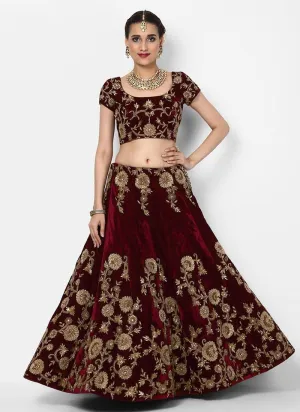 Gulkand Maroon Floral Motif Elegance Velvet Base Bridal Lehenga Choli