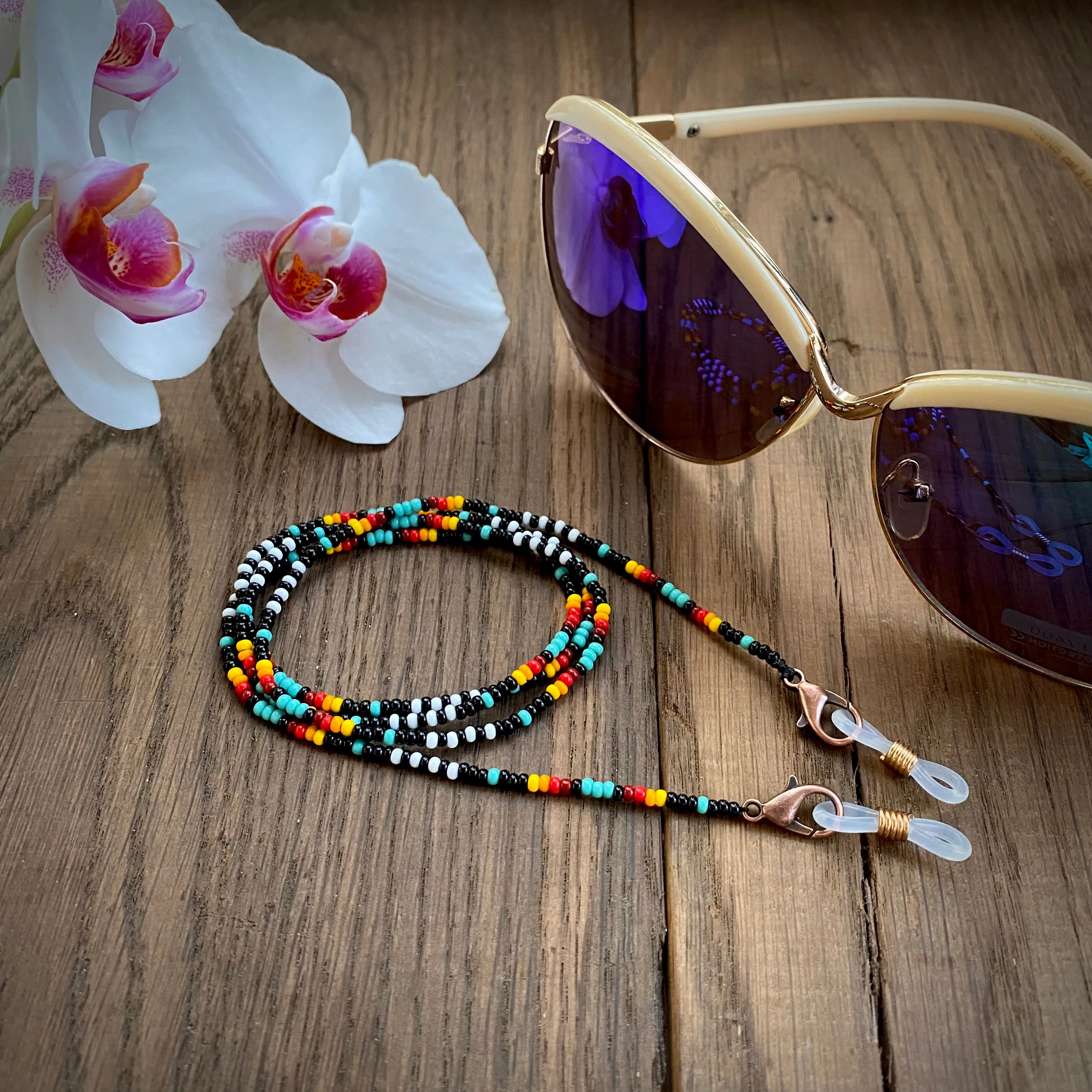 Handmade Dainty Bohemian Seed Beaded Indigenous Glasses Chain, Native inspired