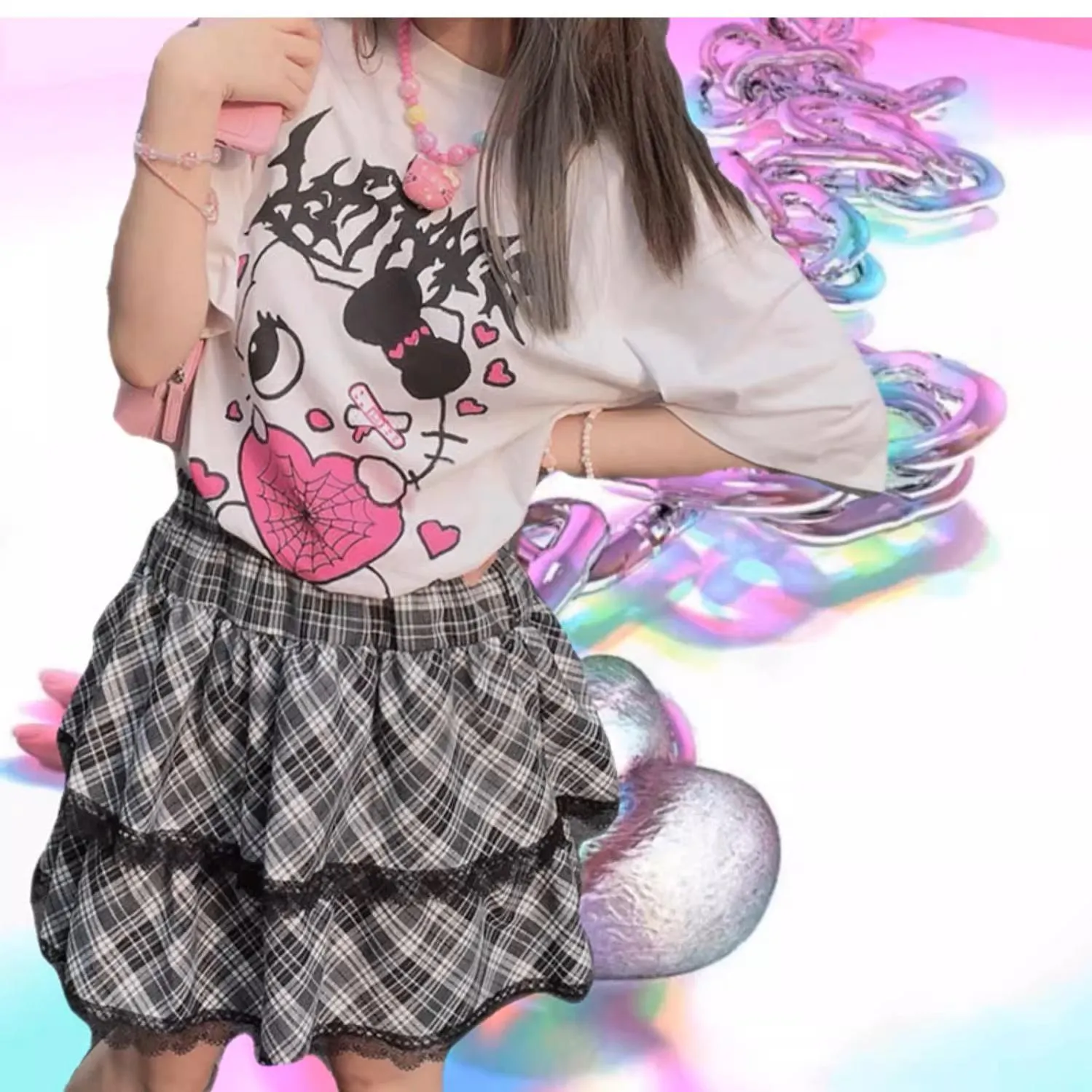 Harajuku Fashion Black White Skirt Plaid Lace Hem Tiered Skirt