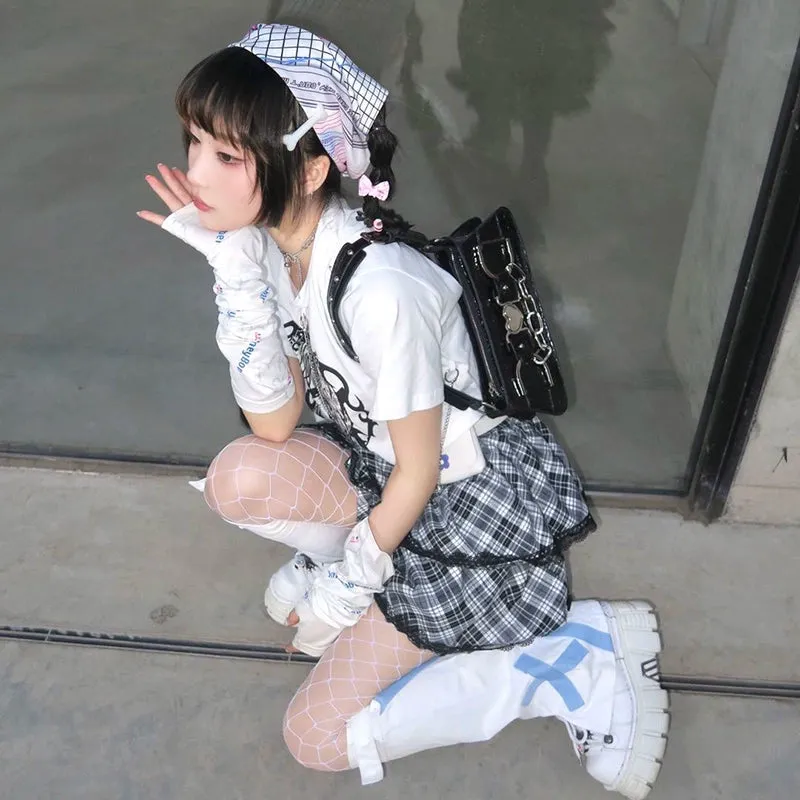 Harajuku Fashion Black White Skirt Plaid Lace Hem Tiered Skirt