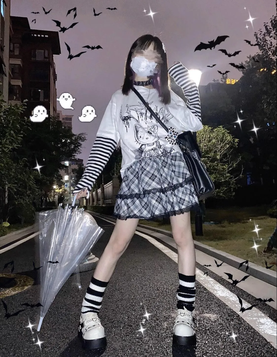 Harajuku Fashion Black White Skirt Plaid Lace Hem Tiered Skirt