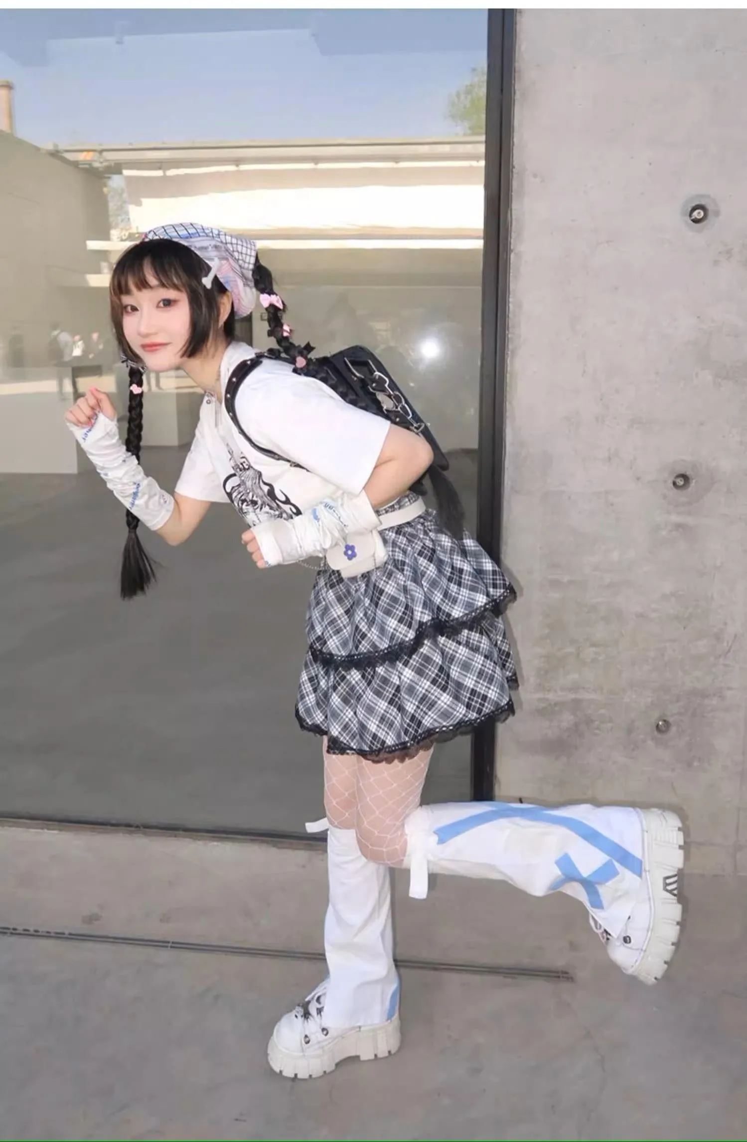 Harajuku Fashion Black White Skirt Plaid Lace Hem Tiered Skirt
