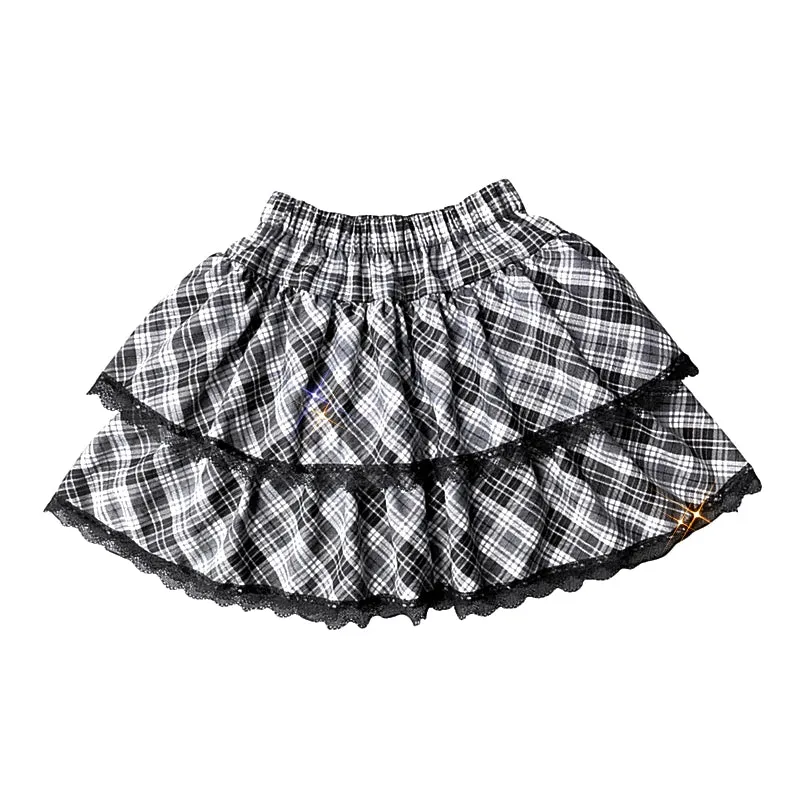 Harajuku Fashion Black White Skirt Plaid Lace Hem Tiered Skirt