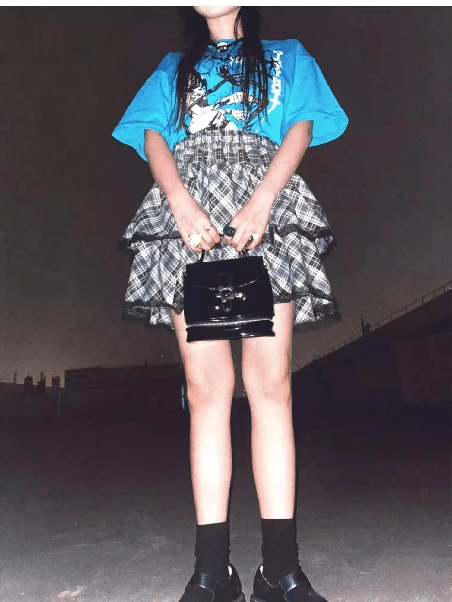 Harajuku Fashion Black White Skirt Plaid Lace Hem Tiered Skirt