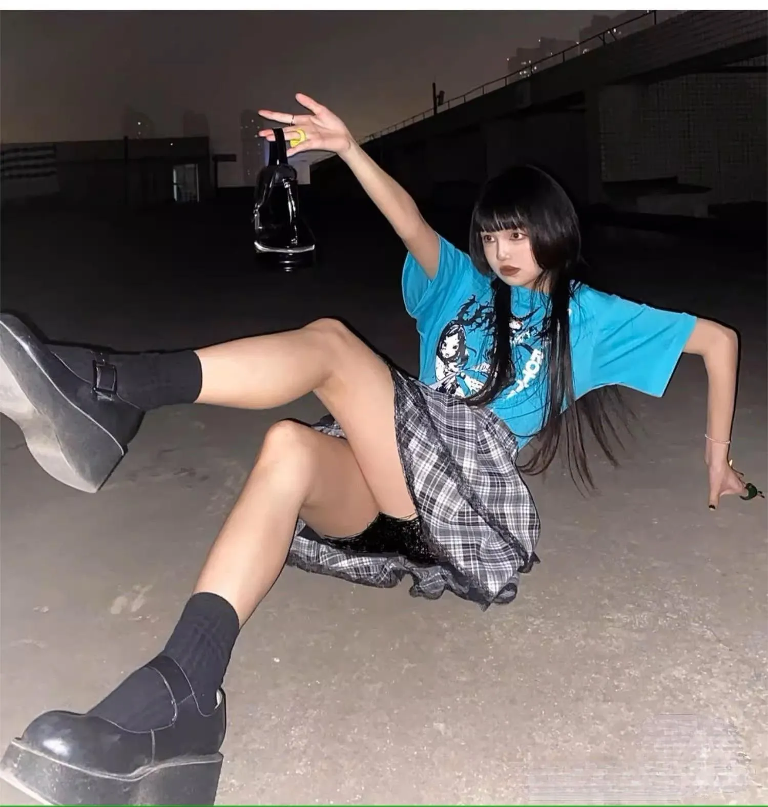 Harajuku Fashion Black White Skirt Plaid Lace Hem Tiered Skirt