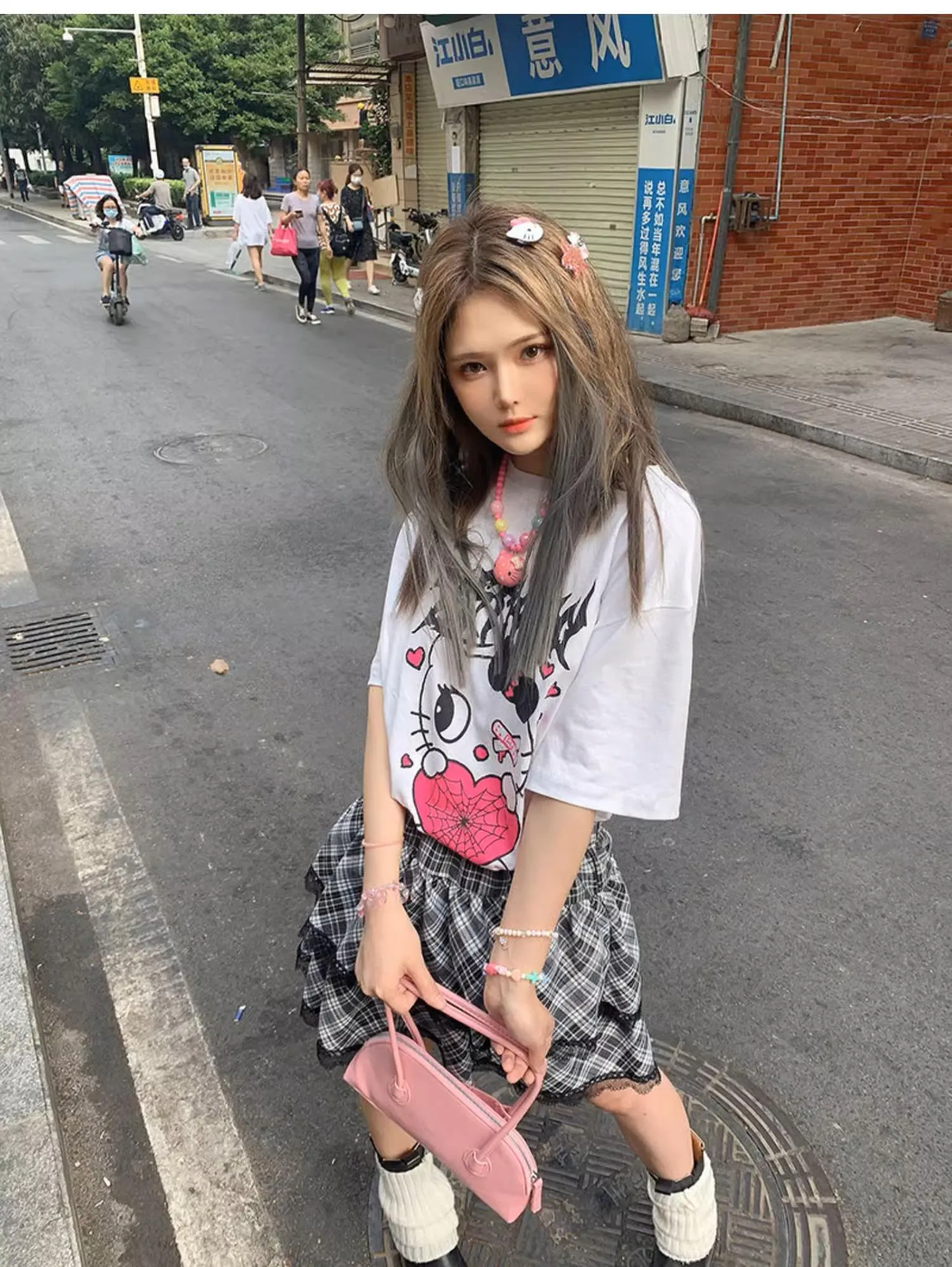 Harajuku Fashion Black White Skirt Plaid Lace Hem Tiered Skirt