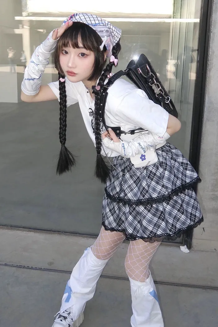 Harajuku Fashion Black White Skirt Plaid Lace Hem Tiered Skirt
